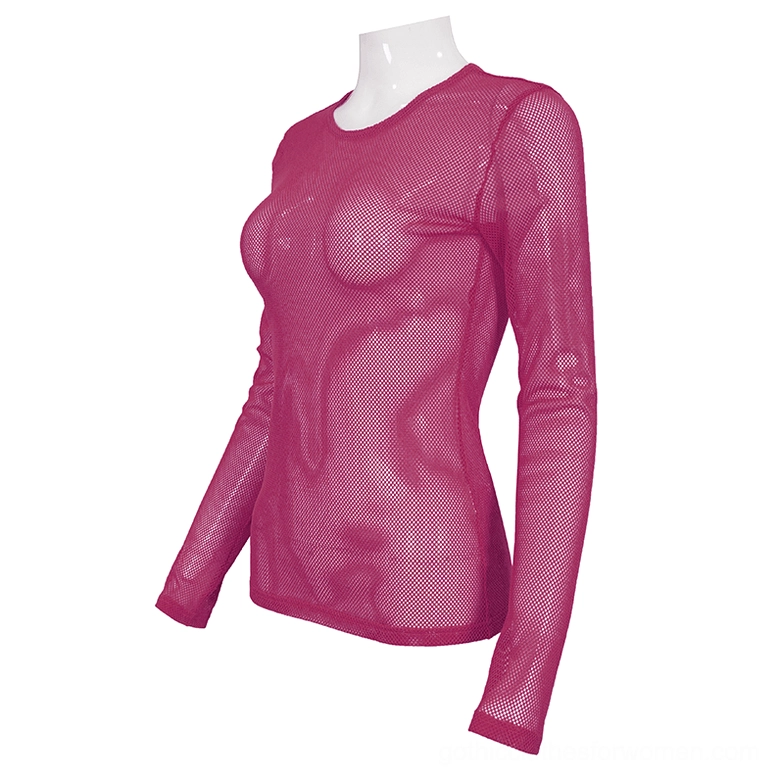 Rose pink see-through mesh long sleeve top side three quarter view fitted silhouette
