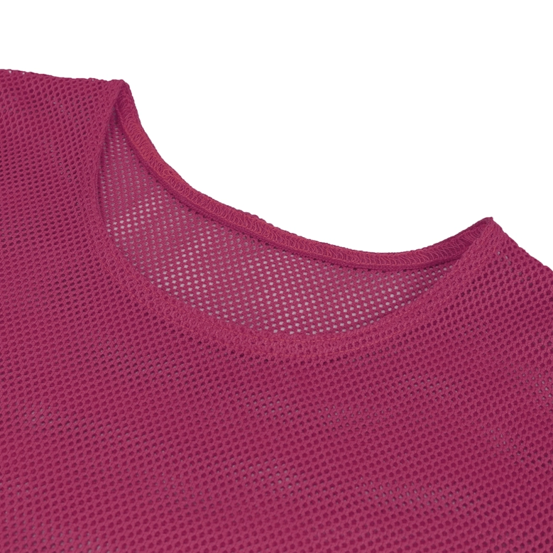 Crew neck detail of rose pink gothic mesh long sleeve top neat stitching close-up
