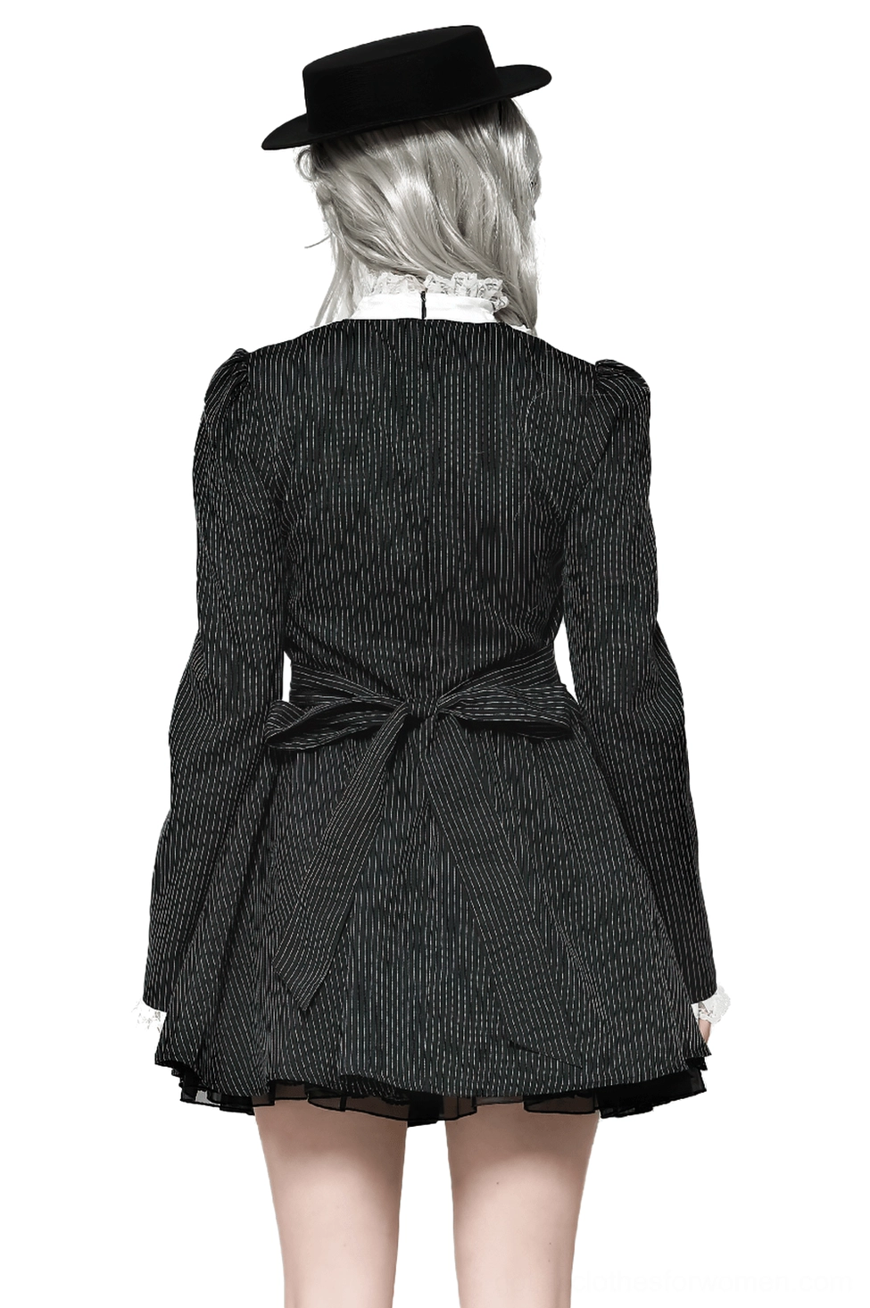 Black pinstripe gothic dress back view showing hidden zipper, waist bow sash, and lace-trimmed hem detail
