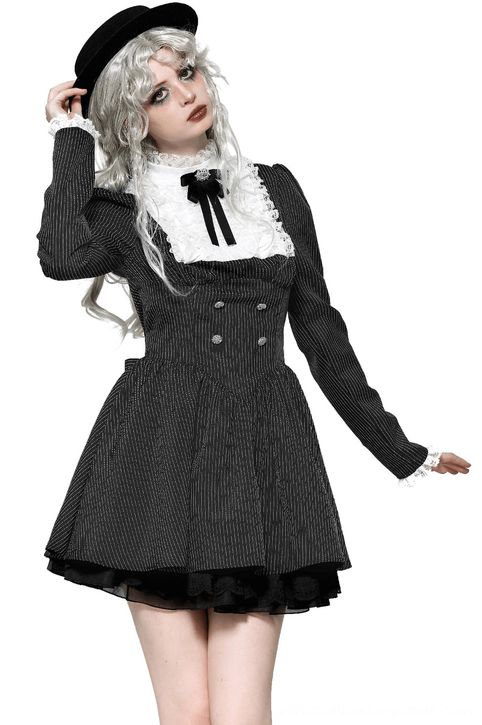 Black pinstripe gothic lolita dress three-quarter front view with silver lace ruffle collar, rhinestone bow, puffed sleeves, and flared skirt