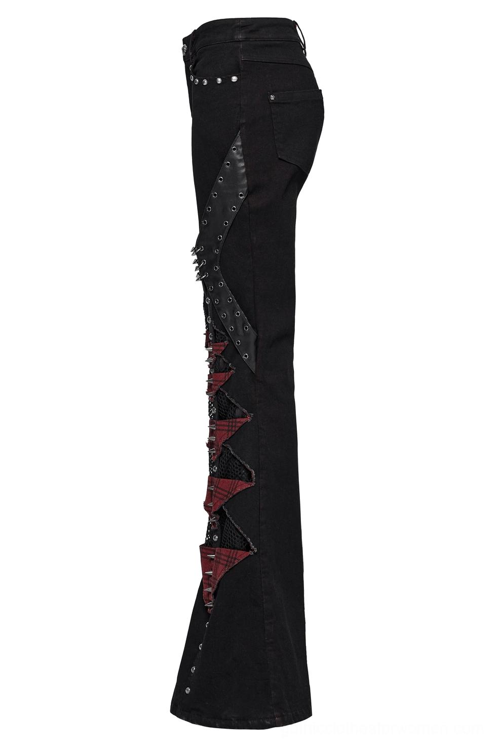 Gothic plaid flared pants side flat lay showing x-shaped leather stud trim