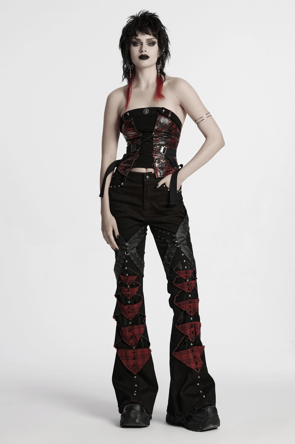 Gothic plaid flared pants with spiked hardware and grommeted straps detail