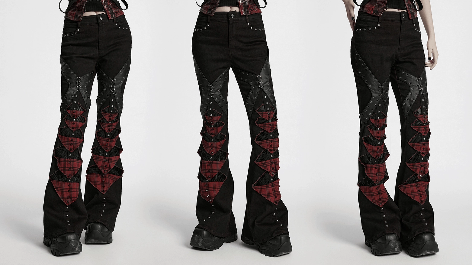 Gothic red and black plaid flared pants with studded panels front angle
