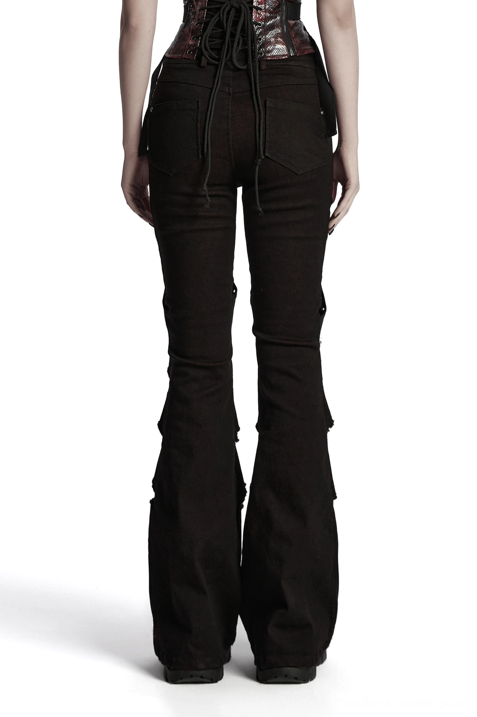 Black gothic flared pants back view showing full silhouette on model