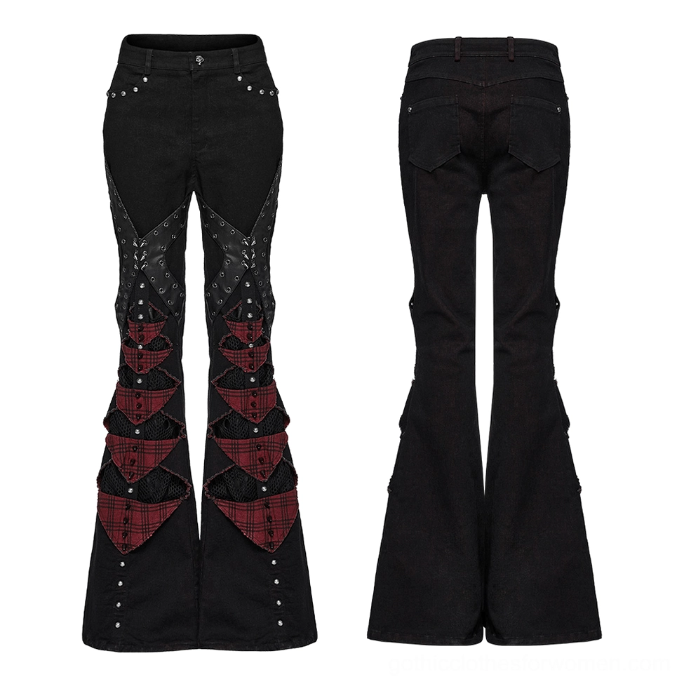 Gothic red and black plaid flared pants with studded hem flat lay front view