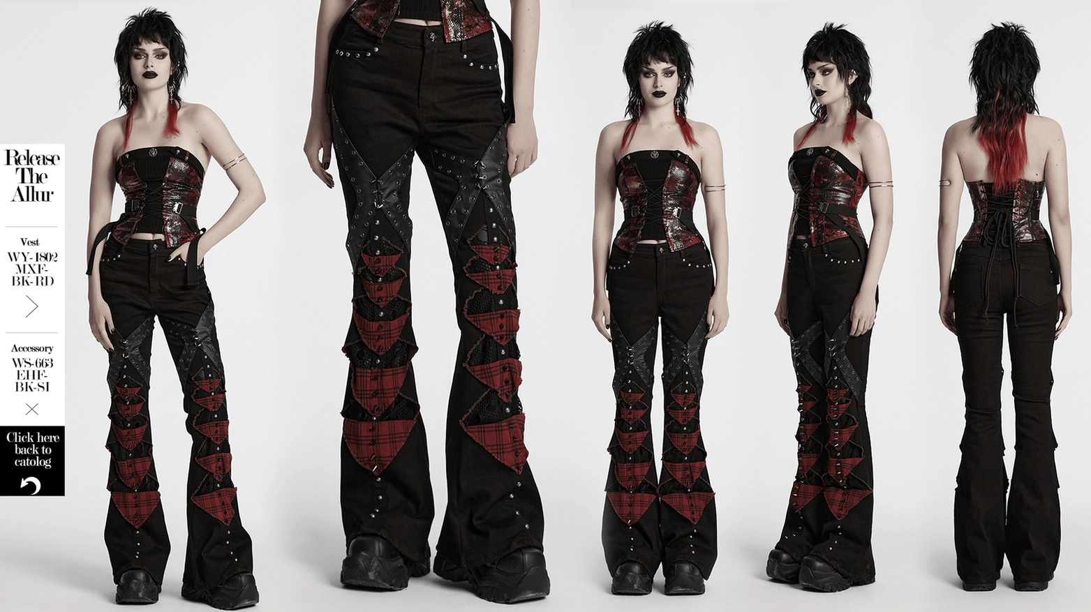 Gothic plaid flared pants with studs and mesh inserts full product display