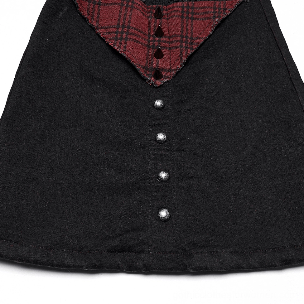 Gothic plaid flared pants with studs and mesh panels styling detail view