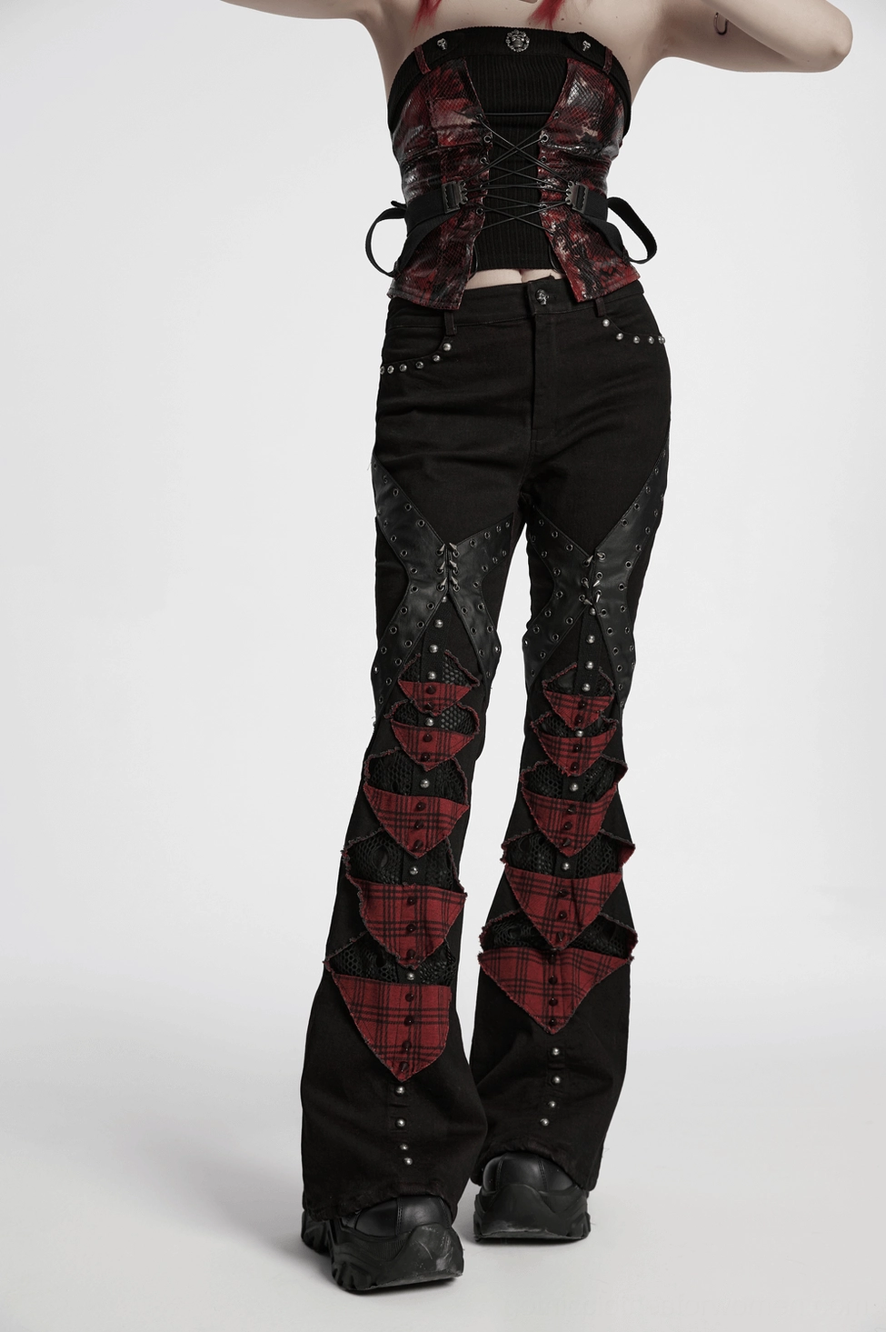 Gothic plaid flared pants with studs for women alternative fashion full view