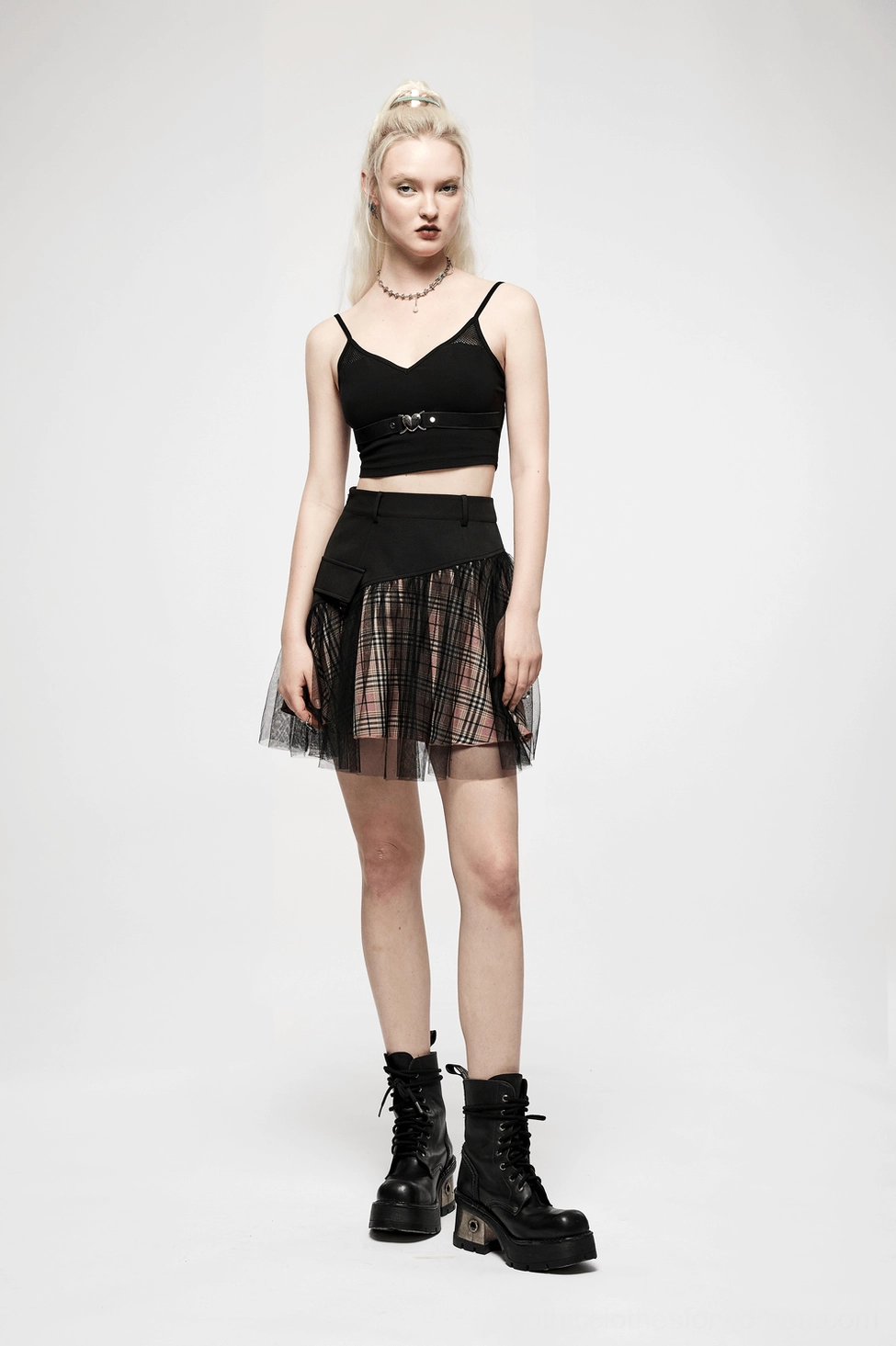 High-waisted gothic plaid mini skirt featuring pink tartan and black tulle mesh layered design