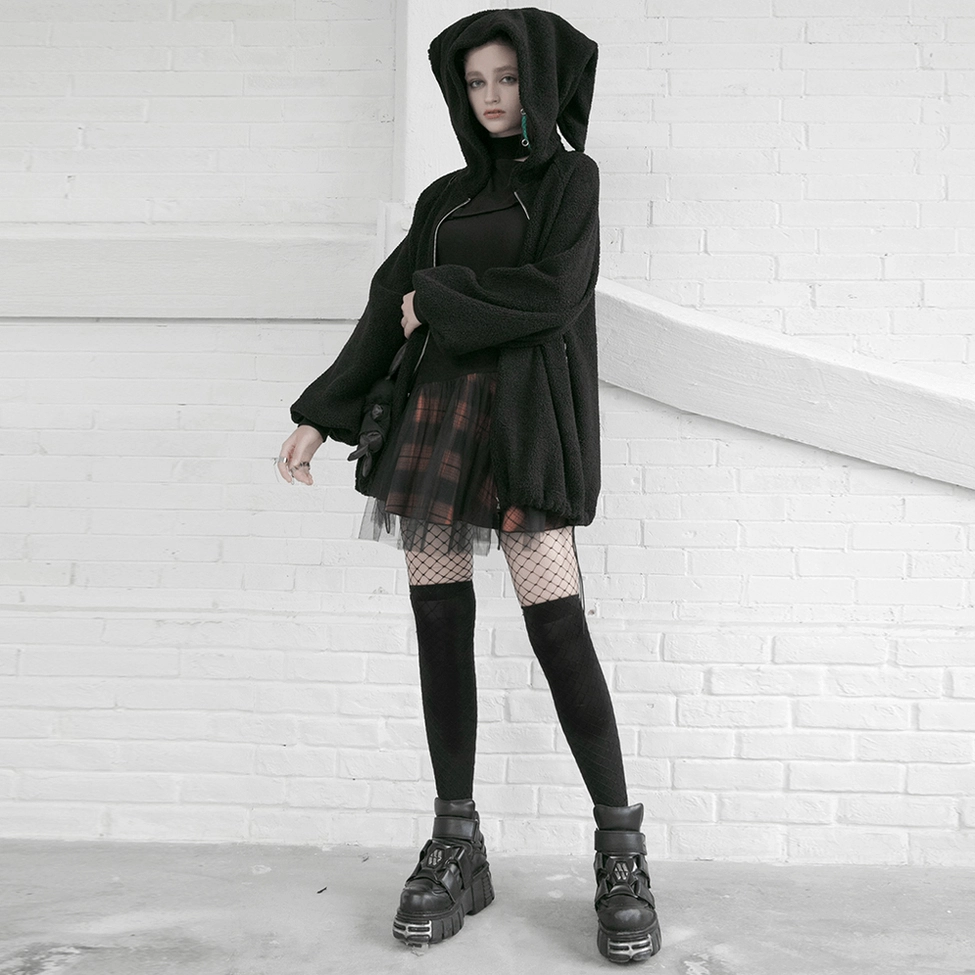 Product showcase of black and orange plaid gothic mesh mini skirt featuring voluminous hem and gothic aesthetic styling