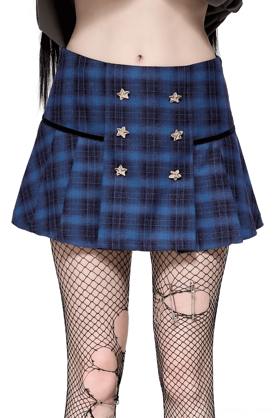 Blue black plaid mini skirt with double-row star studded buttons - front view worn styling