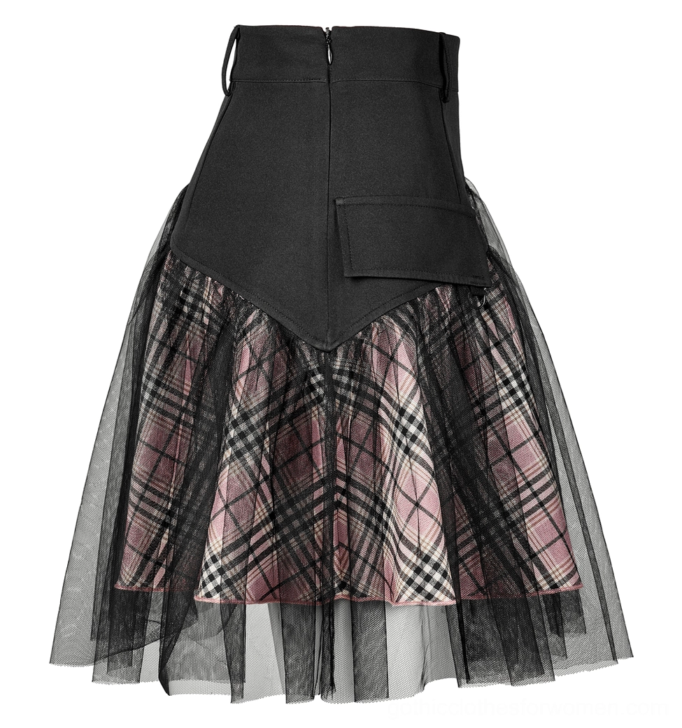Back flat-lay of gothic plaid mini skirt showing hidden zipper closure and pink plaid inner lining