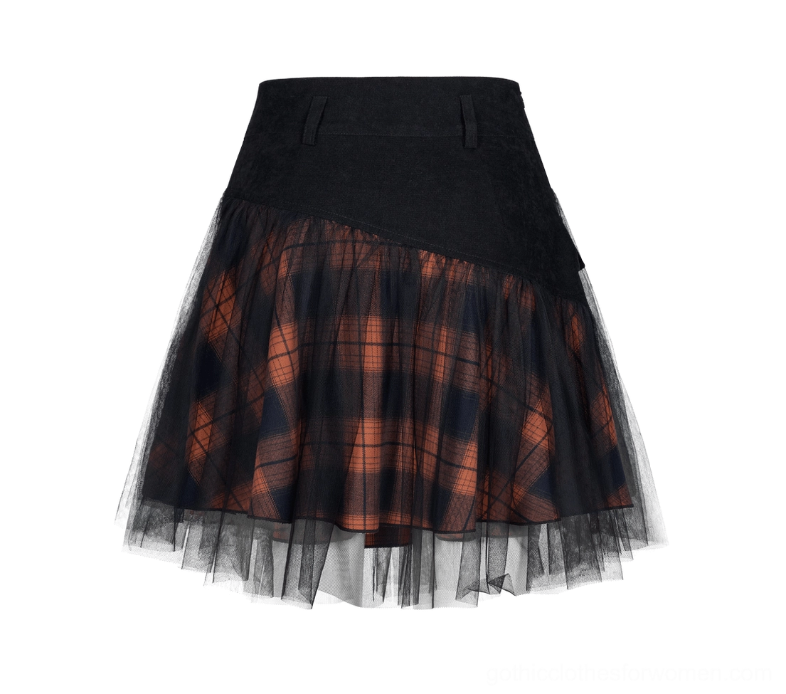 Front flat lay detailed view of black and orange plaid gothic mesh skirt showcasing belt loops, high waistband, and voluminous tulle layers