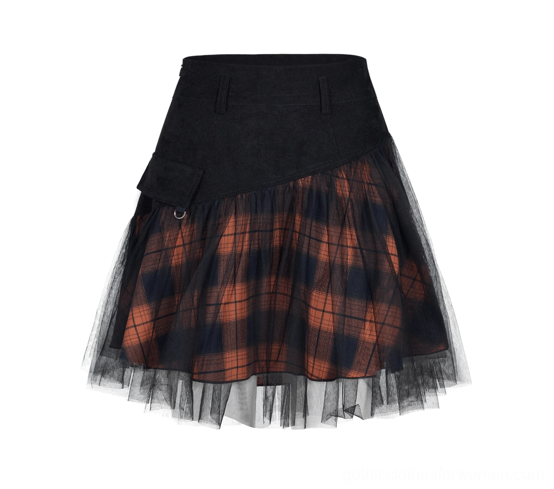 Front flat lay view of black and orange plaid gothic mesh skirt highlighting high waist and asymmetrical side pocket with D-ring buckle