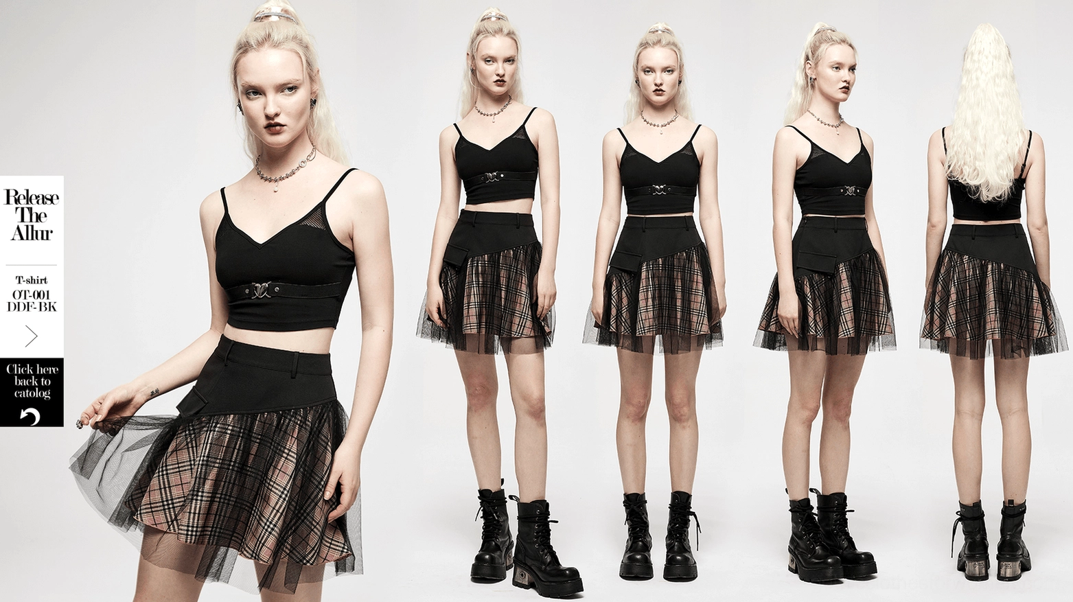 Black pink tartan plaid gothic mini skirt high-waisted cut with layered mesh tulle hem detail