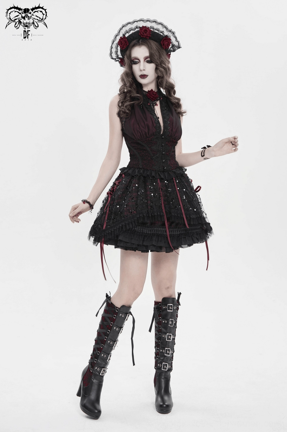 Gothic plaid tulle skirt with wine red ribbon showing adjustable lacing detail and fitted silhouette from front