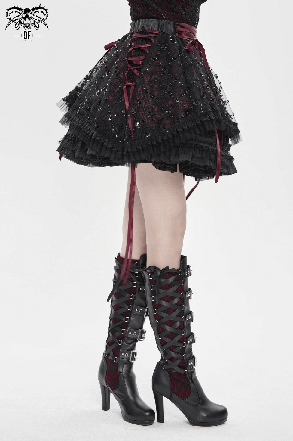 Black wine red gothic plaid tulle skirt flat lay displaying complete design with burgundy ribbon ties and tulle layers