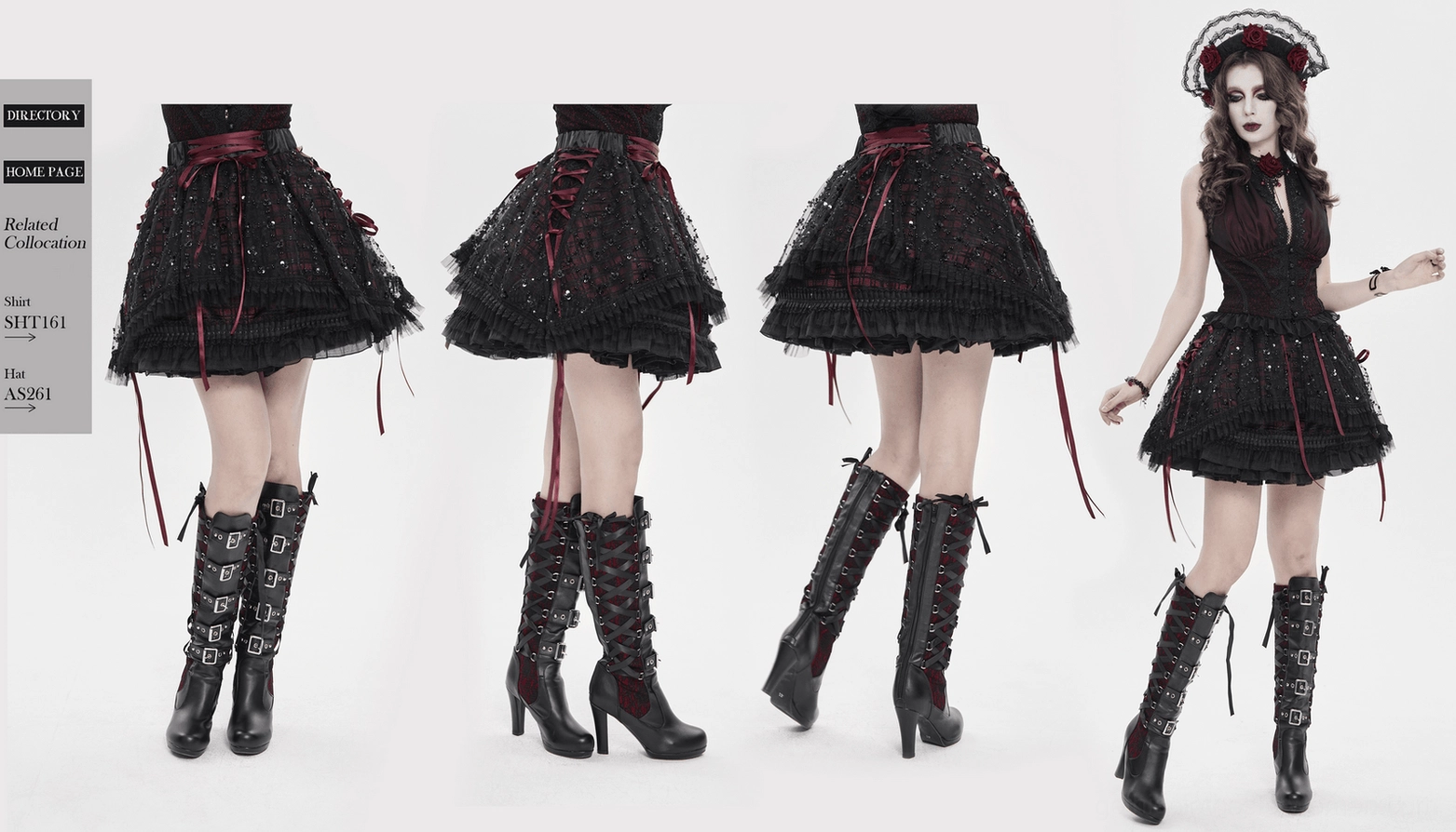 Gothic plaid tulle layered skirt final view displaying complete burgundy ribbon lacing system and romantic goth styling