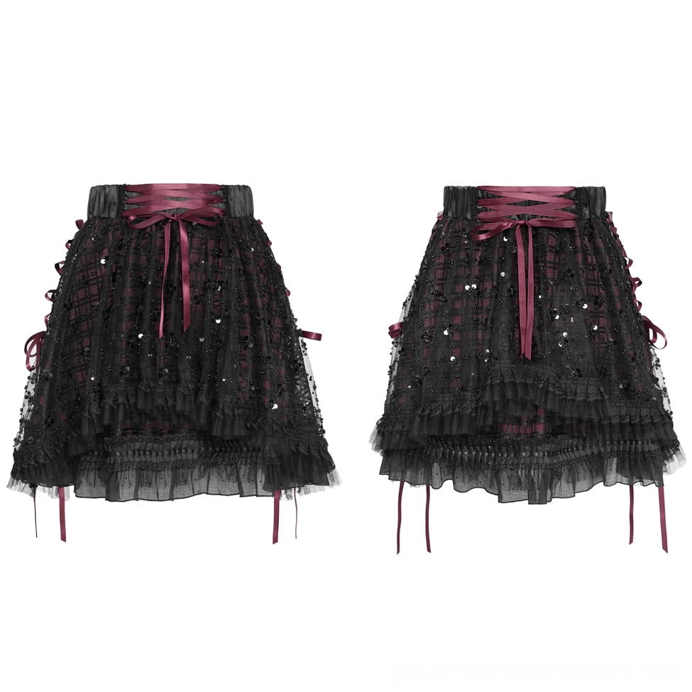 Gothic plaid tulle skirt flat lay front view showing burgundy waist ribbon ties and sequined layered tulle construction