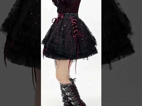 Black wine red gothic plaid tulle skirt flat lay displaying side ribbon lacing and full asymmetrical hem design