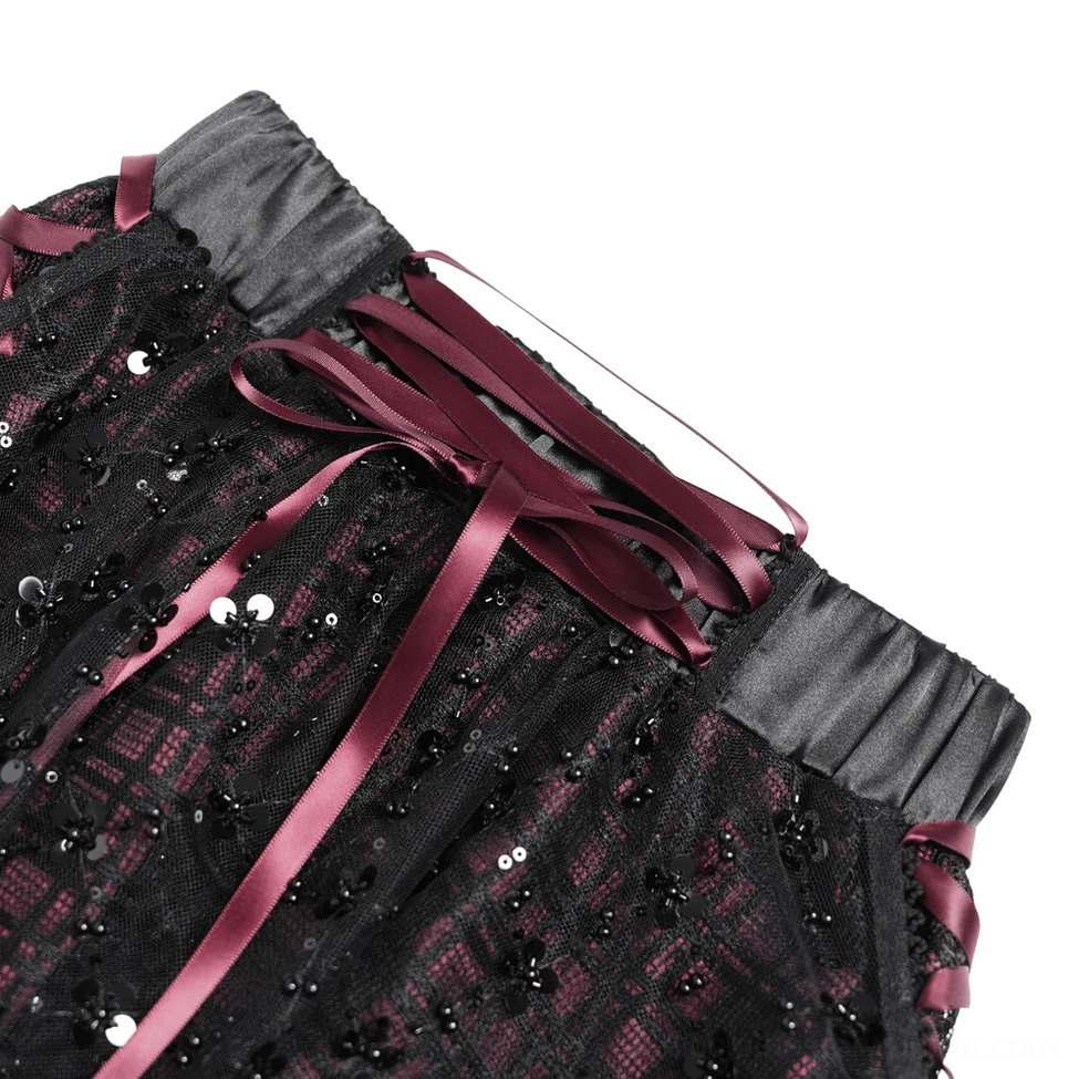 Black wine red gothic plaid tulle skirt flat lay front showing short length and dangling burgundy ribbon straps