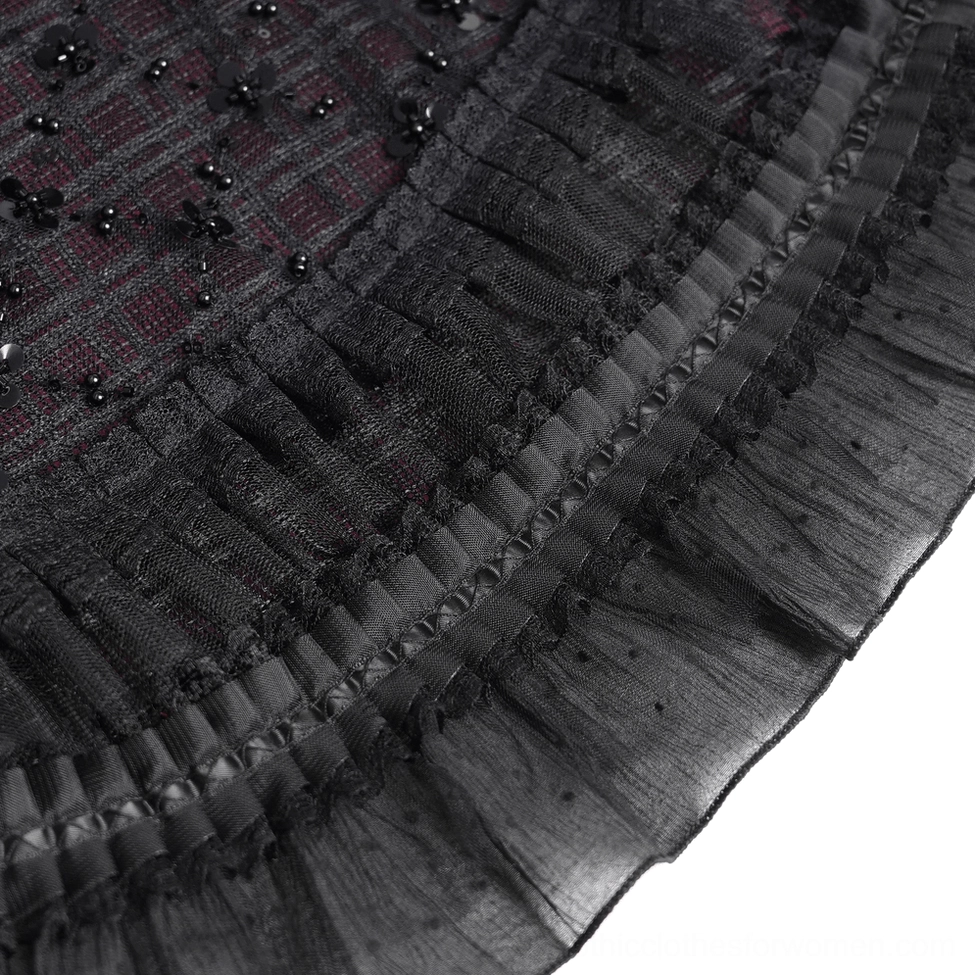 Black wine red gothic plaid tulle skirt close-up showing burgundy ribbon lacing, sequined plaid fabric, and satin waistband