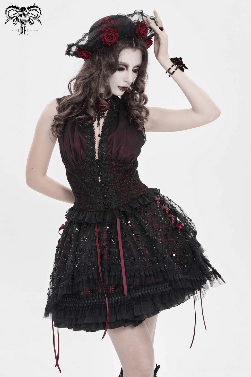 Black wine red gothic plaid tulle skirt detail showcasing sequin mesh overlay and romantic lace trim accents