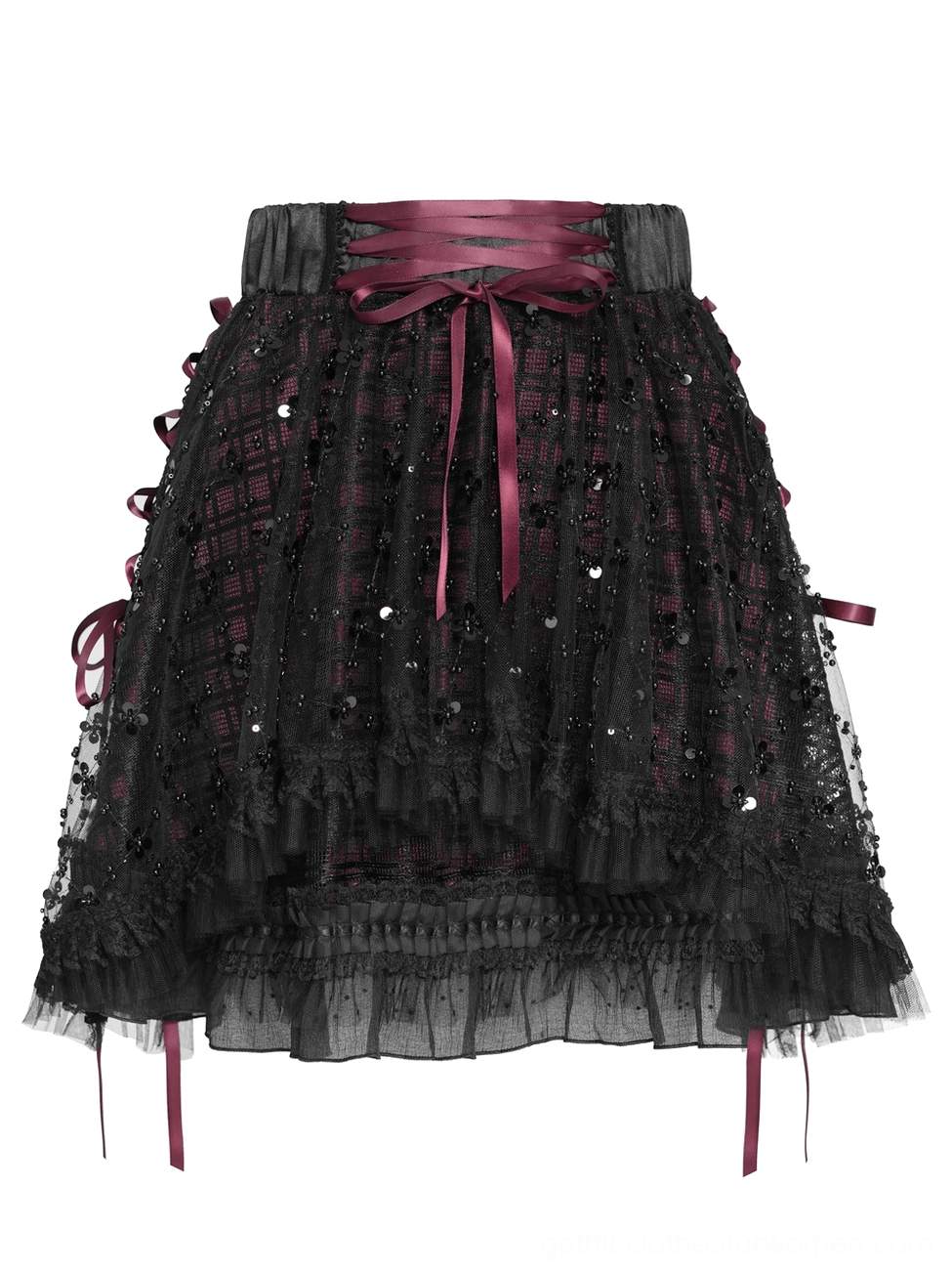 Gothic plaid tulle skirt side view flat lay revealing asymmetrical hem and wine red side ribbon lacing structure