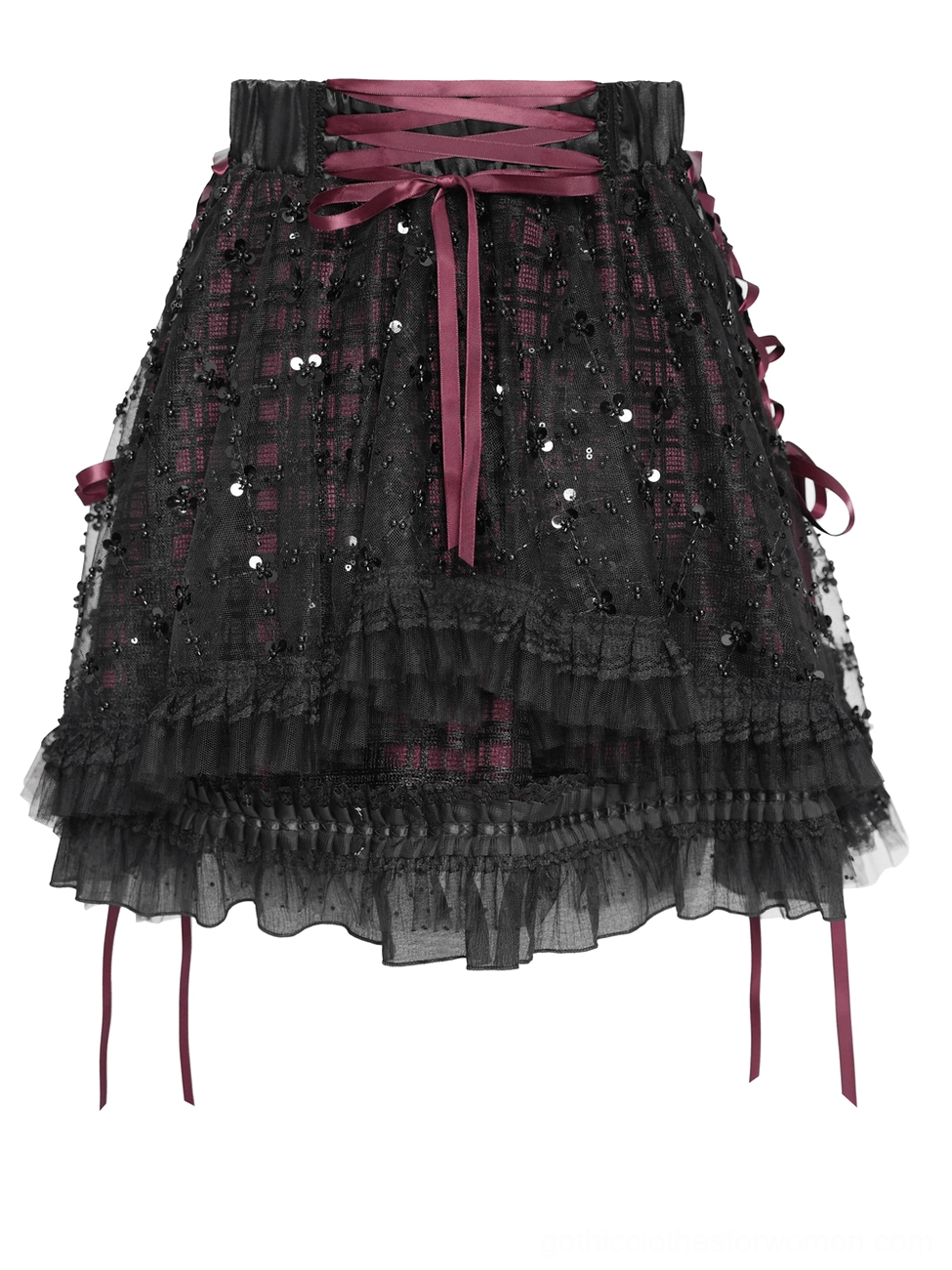 Gothic plaid tulle skirt worn with combat boots - multiple angle shots showing ribbon lacing, layered tulle, and dark aesthetic styling