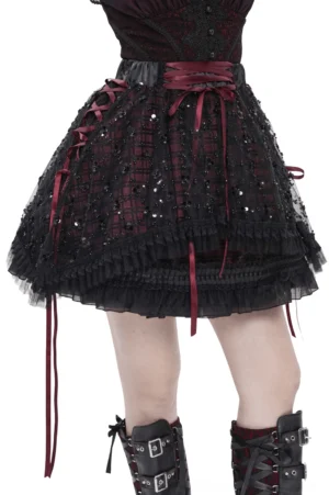 Gothic plaid tulle skirt with wine red ribbon lacing - front view on model showing layered ruffles and corset-inspired waist ties