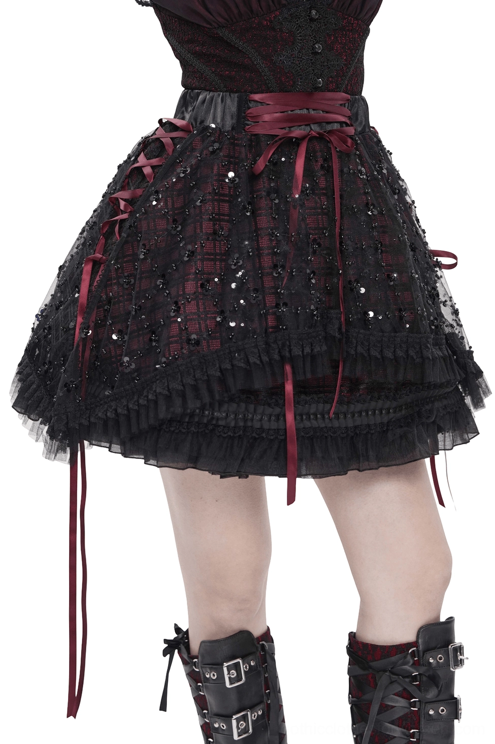 Gothic plaid tulle skirt with wine red ribbon lacing - front view on model showing layered ruffles and corset-inspired waist ties