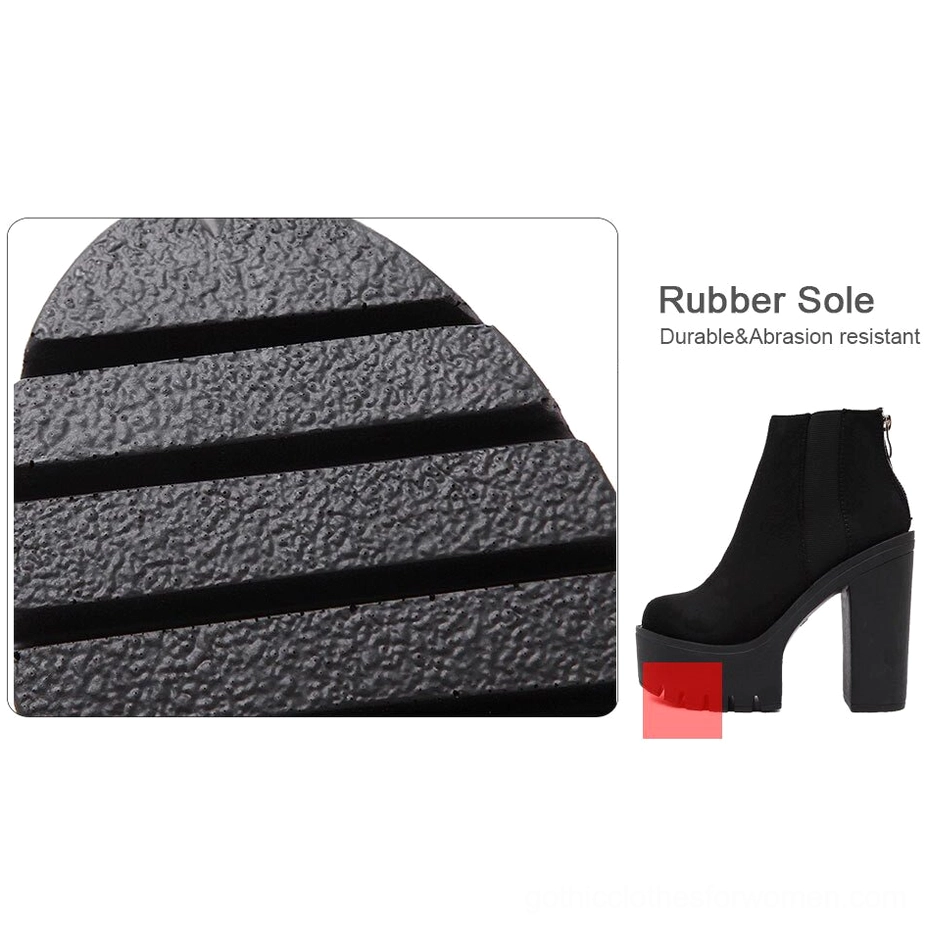 Black gothic platform ankle boots angled view showcasing square block heel proportion and matte black flock finish