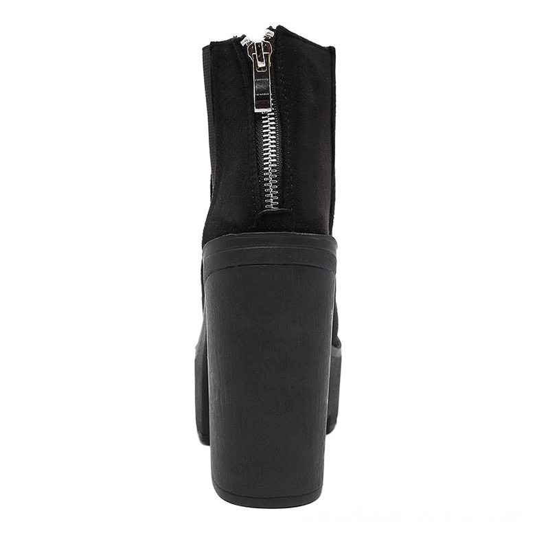 Black gothic platform ankle boot rear view, featuring functional back zipper closure and matte flock finish