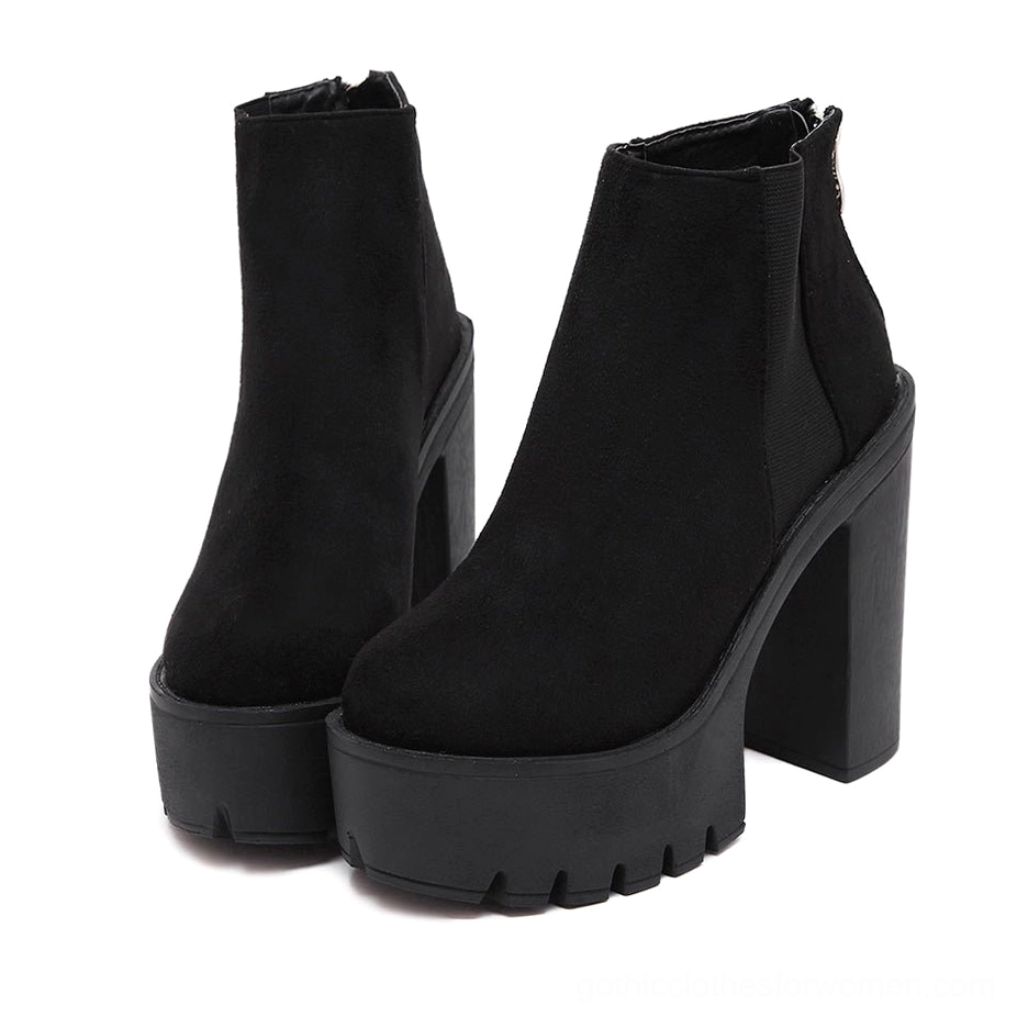 Black gothic platform ankle boots with square heel and thick platform sole, front three-quarter view showcasing round toe and matte flock upper