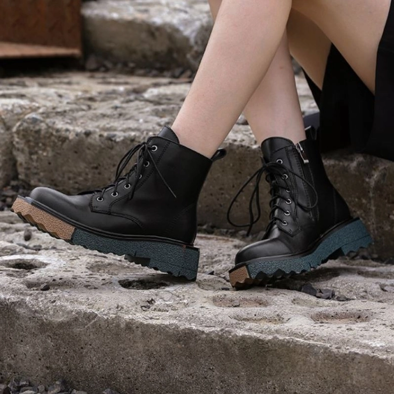 Women's gothic platform ankle boots in black and green color options, styling versatility showcase for alternative fashion