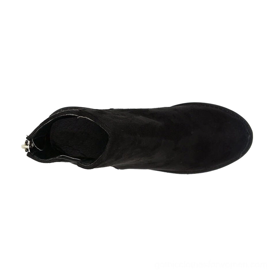 Black gothic platform ankle boot interior top-down view, showing soft PU lining and round toe shape of the suede upper