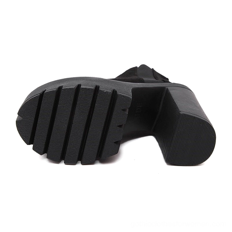 Black gothic platform ankle boot outsole and bottom view, displaying anti-slip rubber tread and platform structure details