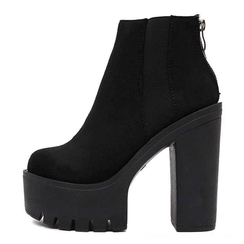 Black gothic platform ankle boots full side profile view, showcasing back zipper closure and dramatic thick block heel