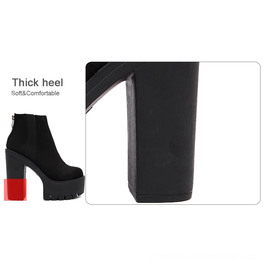 Black gothic platform ankle boots side detail view of flock upper texture and functional zipper closure system