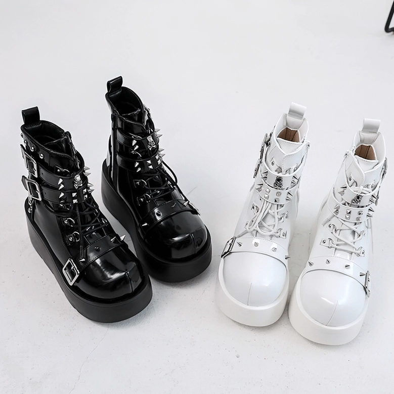 Gothic platform ankle boots in black and white side by side overhead comparison