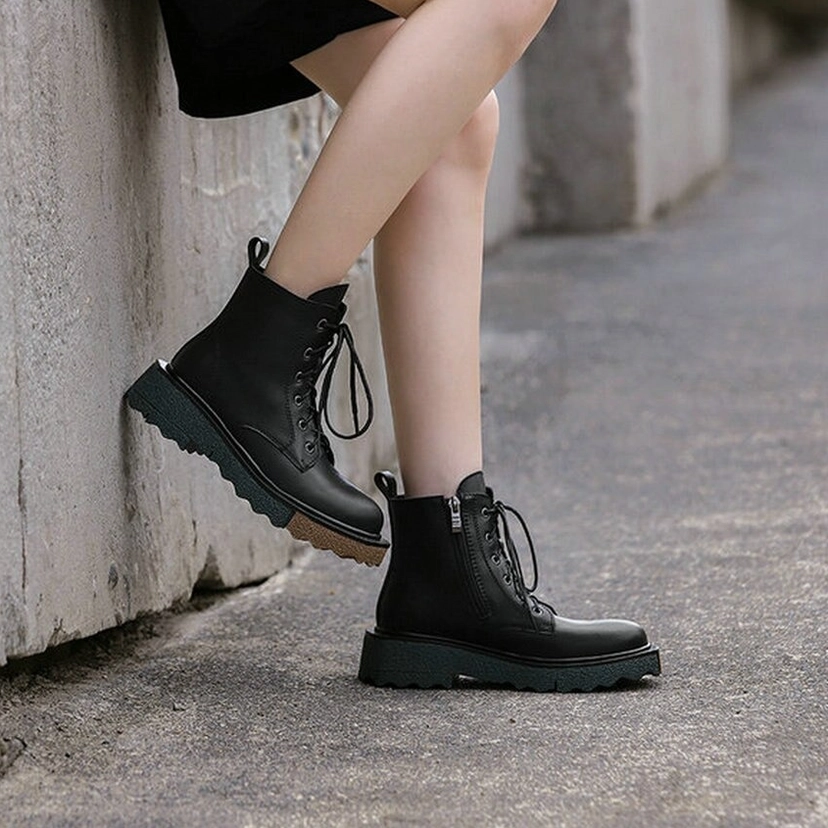 Genuine leather gothic platform ankle boots featuring round toe, square heel, and PU insole, complete product overview