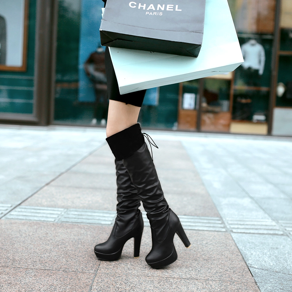 Gothic over-the-knee platform boot full side profile with ruched design and square heel silhouette