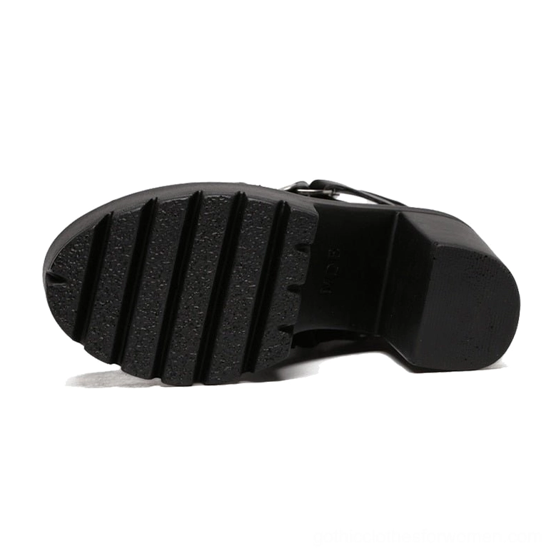 Black gothic platform boot bottom outsole view - deep lug tread rubber sole and chunky heel base construction