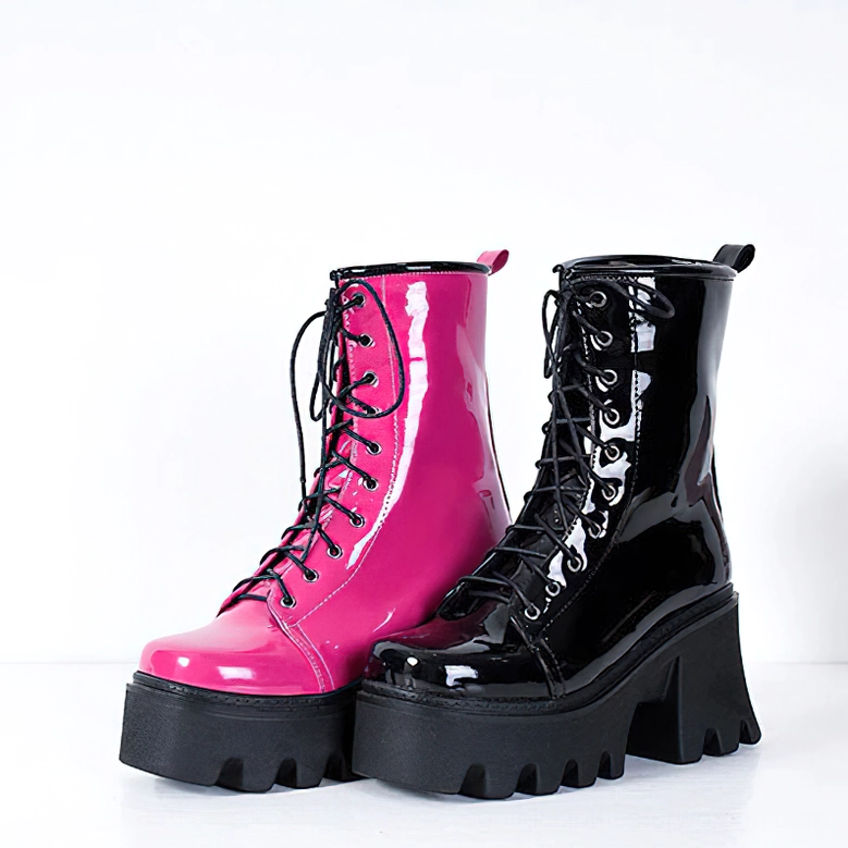 Black and Hot Pink Patent Leather Gothic Platform Boots Comparison - Dual Color Options Display