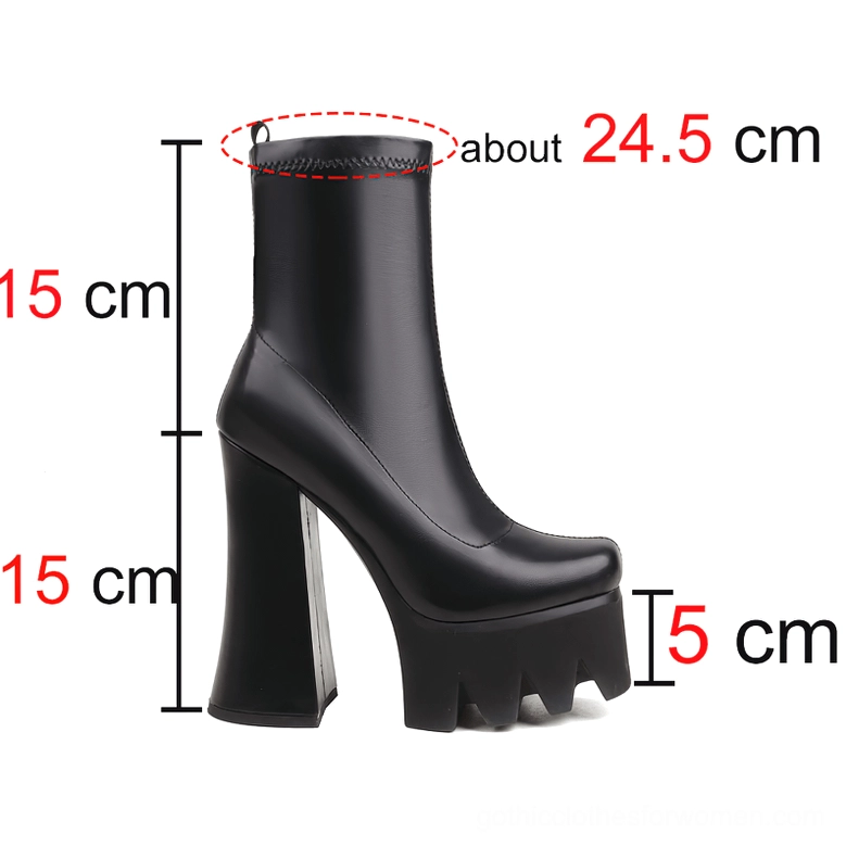 Black gothic platform boots size and dimension specifications showing 15cm heel height and 5cm platform depth