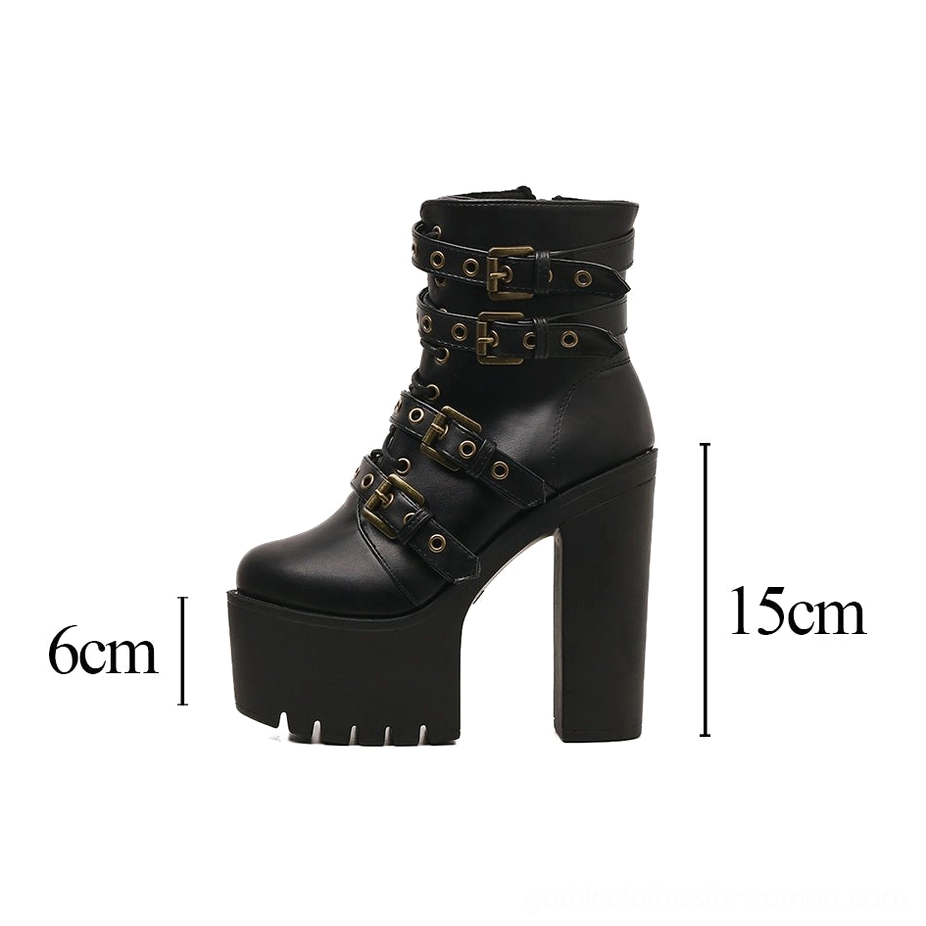 Left side view of black gothic platform boots with height measurement indicators showing 8cm+ heel and platform construction