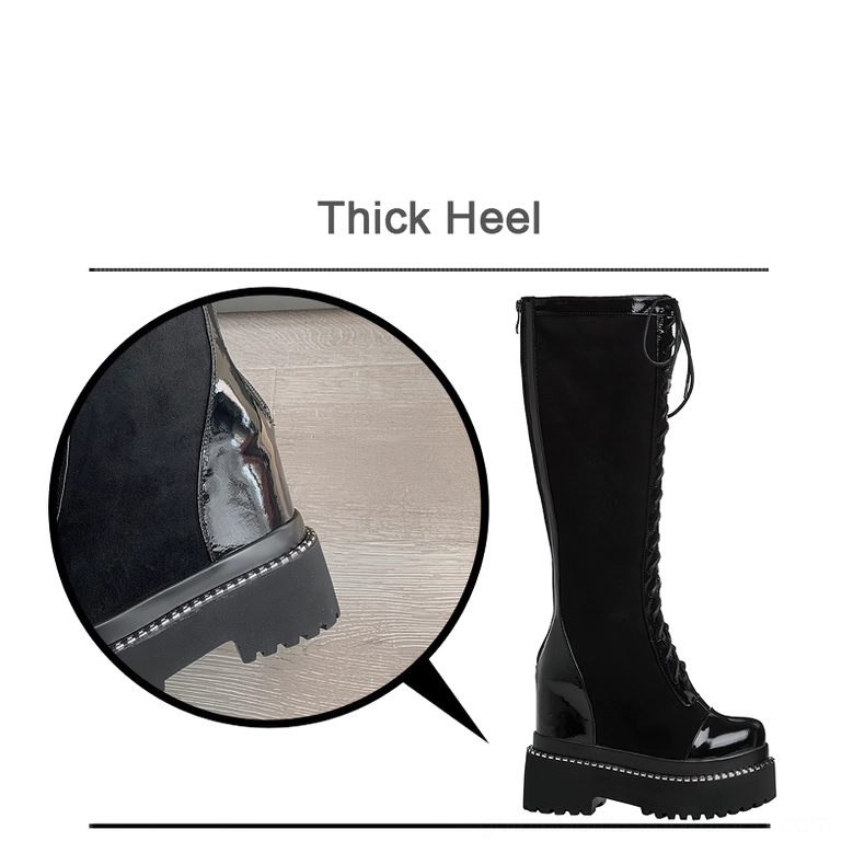 Black gothic platform boots showing mixed materials with chunky wedge heel, flock shaft and patent leather upper construction