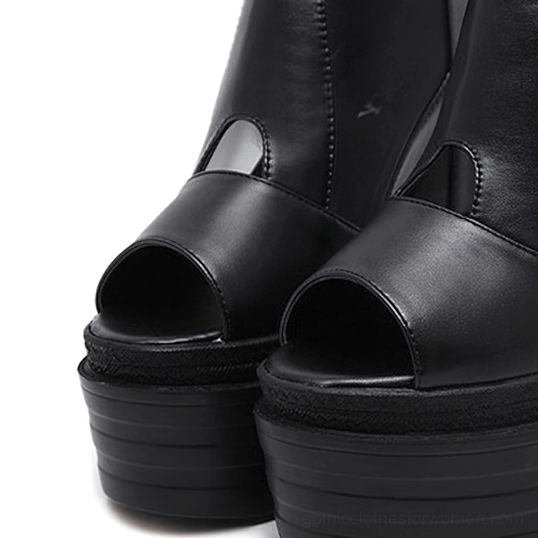 Right side view of black gothic platform boots showing mesh cutout panel and back zipper closure