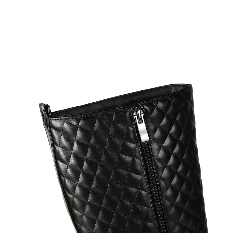 Metal zipper detail on black quilted gothic platform boots with textured PU leather