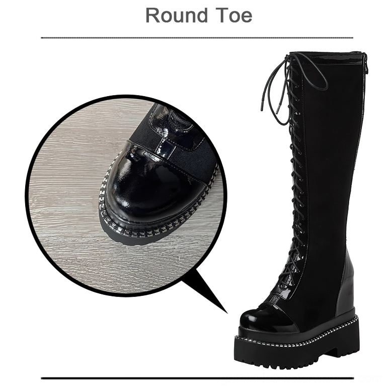 Black gothic platform boots front three-quarter view showcasing patent leather round toe and premium craftsmanship
